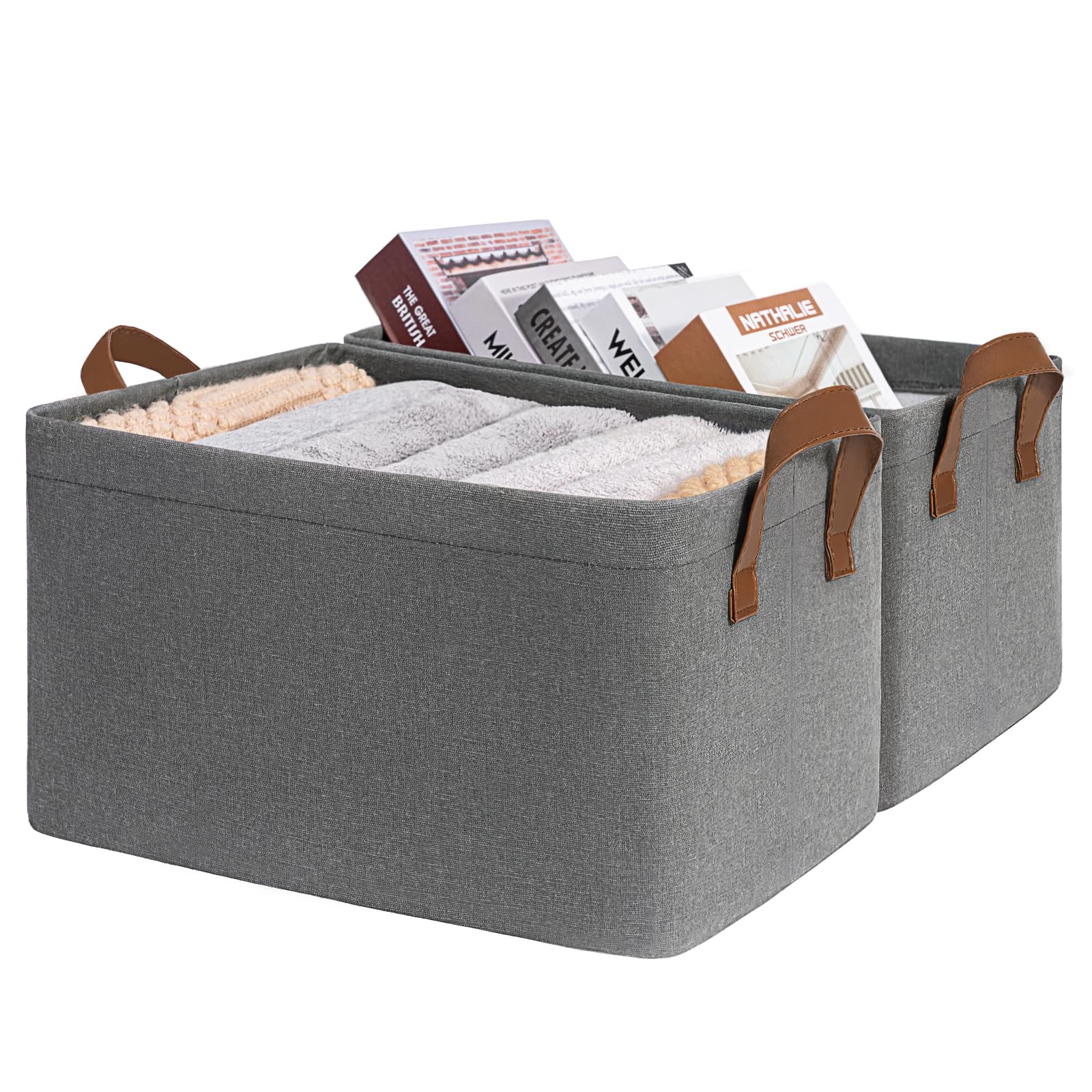 TIMEYARD Storage Boxes Grey Storage Basket, Closet Organizers and Storage, Fabric Storage Box for Clothes, Towels, Shoes, Shelf baskets for Bedroom Organizing, 37½ x 26 x 21 cm, 2-Pack
