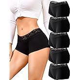 FINETOO Cotton Underwear for Women Boy Shorts Lace Boxer Briefs Soft Full Coverage Womens Panties 5 Pack S-XXL