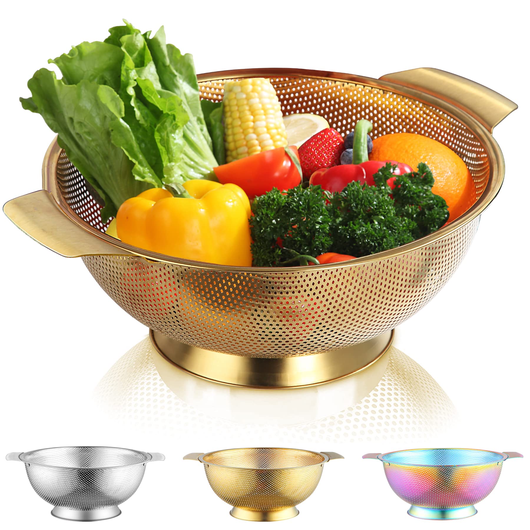 Kyraton Gold Colander 28.5cm, Professional Titanium Gold Plating Stainless Steel Strainer with Heavy Duty Handles and Self Draining Solid Ring Base, Easy Clean and Dishwasher Safe