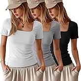 Ficerd 3 Pack Women's Square Neck Shirts, Short Sleeve Slim Fit Tops Scoop Neck Summer Casual Basic T-Shirts Tee