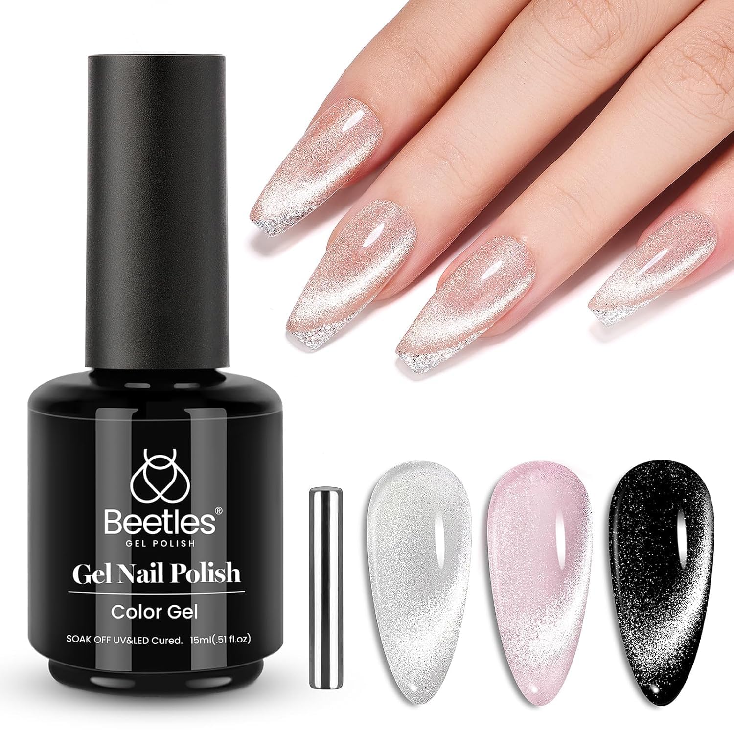 Beetles Cat Eye Gel Nail Polish 15ml Gel Polish Soak Off UV LED Nail Lamp 1 Color Silver Shimmer Velvet Gel Nail Polish Nail Art Manicure Salon DIY Home