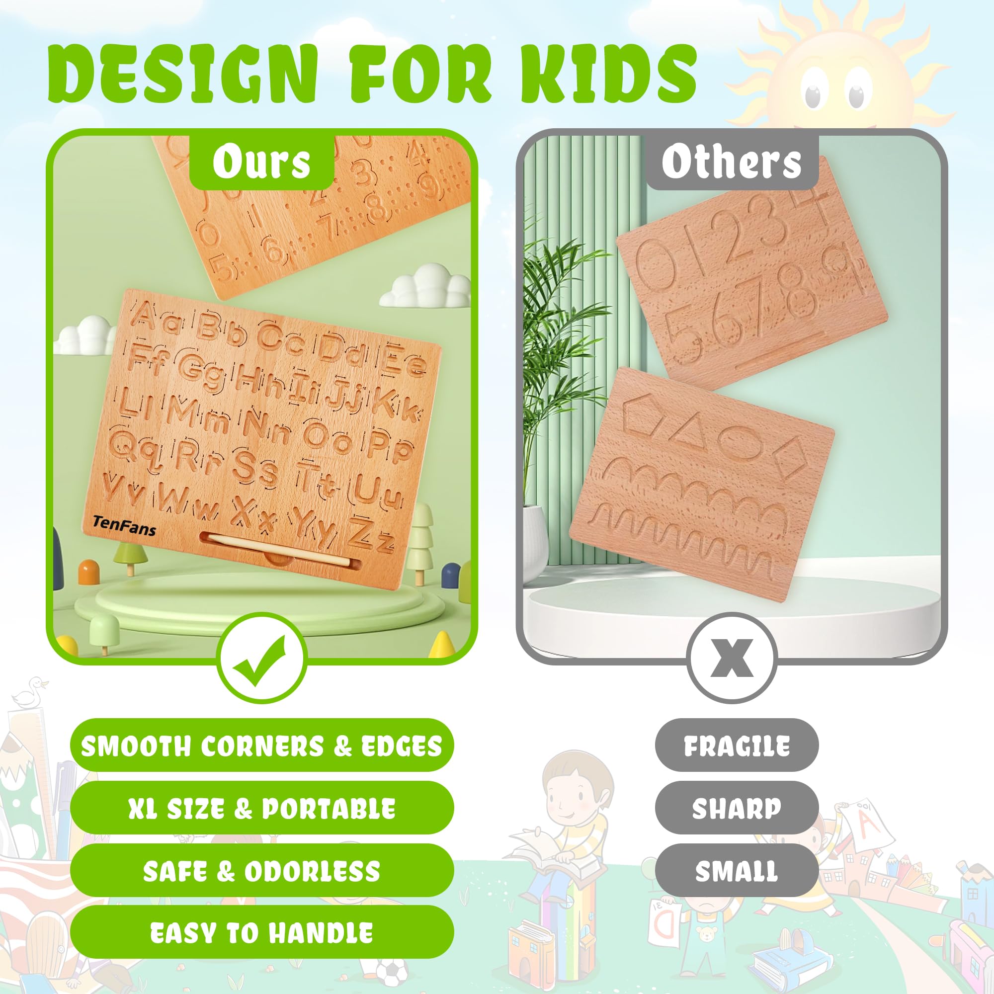 TanFans Wooden Alphabet Tracing Board - Montessori Educational Toy for Preschool - Fine Motor Skills Development - Learn to Write ABC - Double-Sided Letter Practice Tool - Ideal Gift for 3-5 Years Old