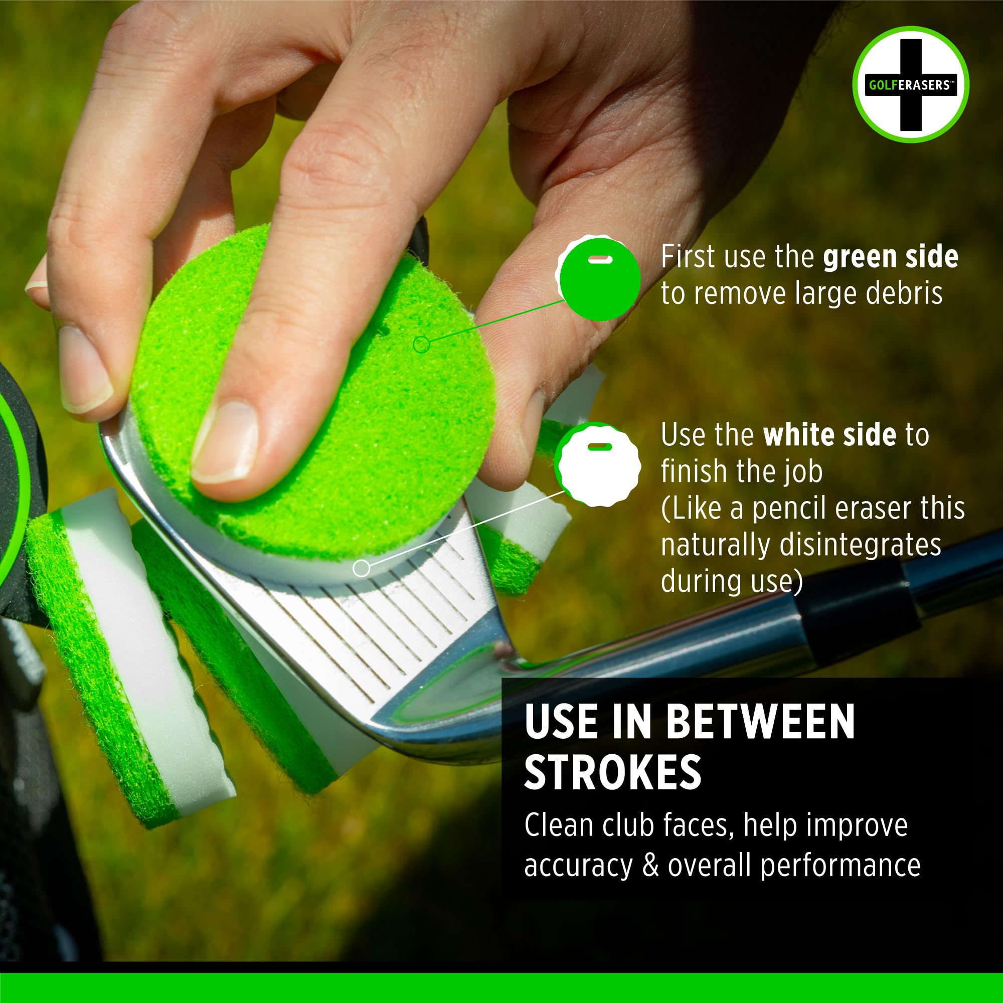 GolfERASERS Instant Golf Eraser with Bag Tether, Premium Dual-Sided Sponge for Cleaning Clubs, Shoes & Golf Balls - Golf Club Cleaner, Golf Ball Cleaner, Golf Club Groove Cleaner, 6 Pack