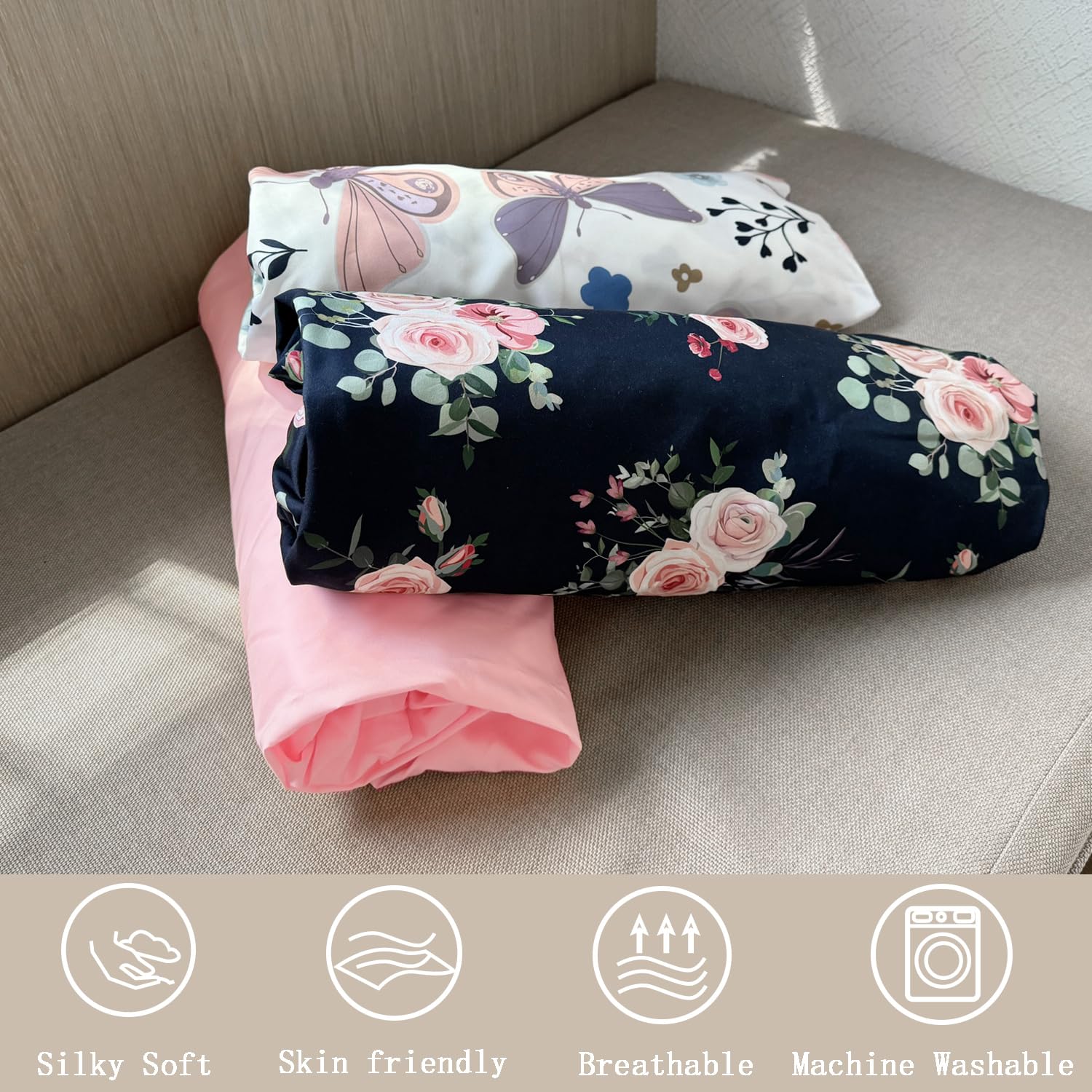 AMROSE 3 Pack Easy Care Changing Pad Covers, Ultra Soft Microfiber Diaper Change Table Sheets for Baby Girls, Floral & Butterfly & Pink