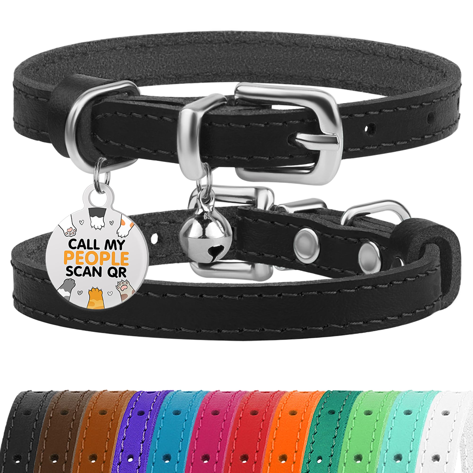 BRONZEDOG Leather Cat Collar with Removable QR-ID Tag – Kitten Collar with Bells, Non-Breakaway, for Girls & Boys (23-28 cm, Black & Silver)