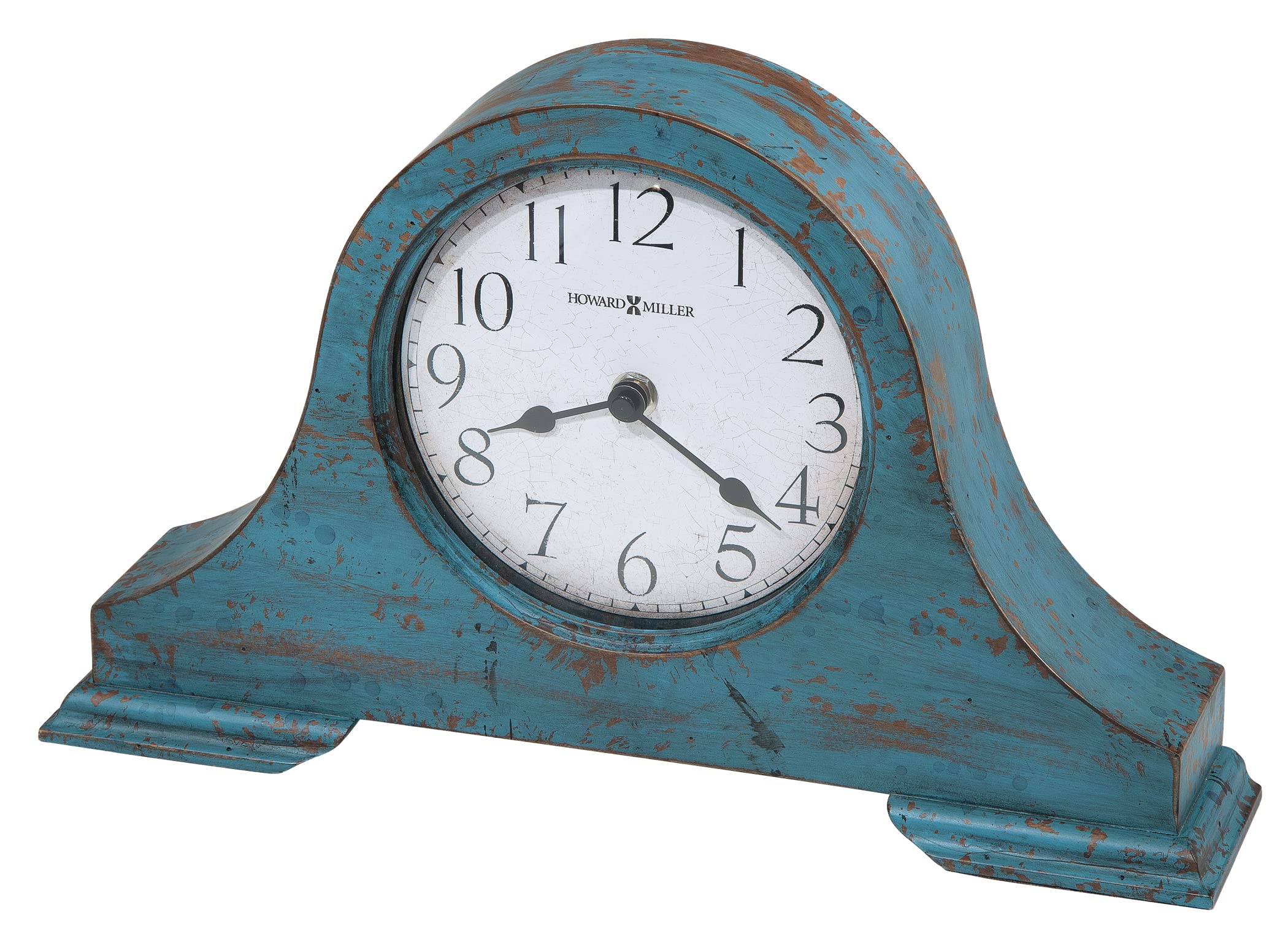Howard Miller Tamson Mantel Clock 635-181 – Worn Teal Blue Finish, Vintage Wooden Design, Felted Base, Worn Arabic Numerals, Rustic Home Decor, Quartz Movement