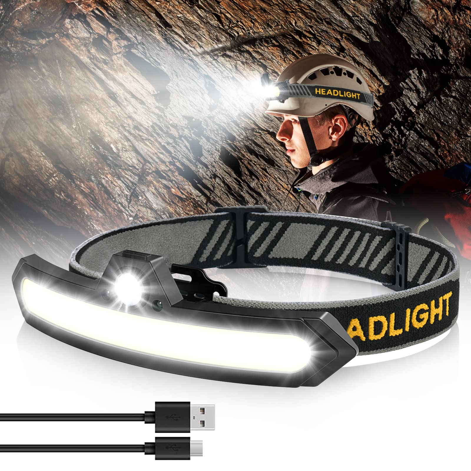 LED Headlamps with 6 Modes, Umedo USB Rechargeable Head Lamp Lightweight Bright Flashlight, 260° Illumination & Spotlight, IPX6 Waterproof, Motion Sensor Headband Light for Adults, Camping, Hiking