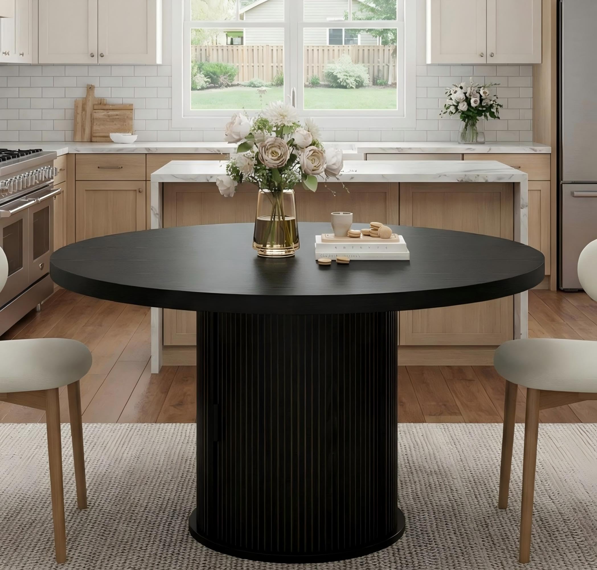 Photo 1 of *** USED***IDEALHOUSE 47" Round Dining Table for 4-6, Modern Farmhouse Kitchen Table with 2-Layer Storage Shelf & Drawer, Wooden Circle Dining Tables with Fluted Pedestal Base, Black