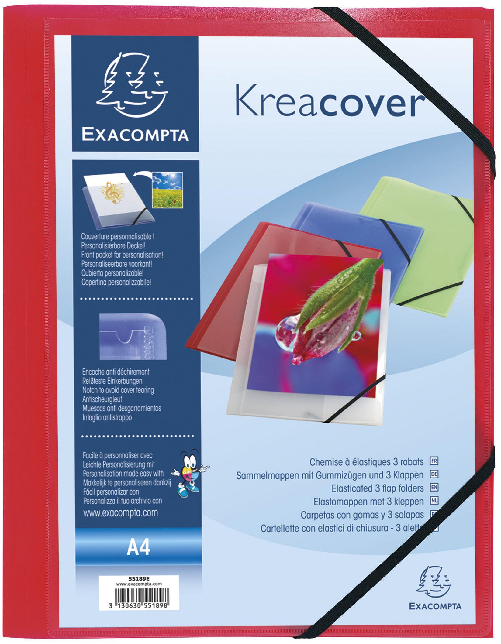 Exacompta - Ref 55185E - Kreacover Collection - Collection - Customisable PP Elastic Flap Folders - Suitable for A4 Documents, Translucent Polypropylene - Red (Pack of 5)