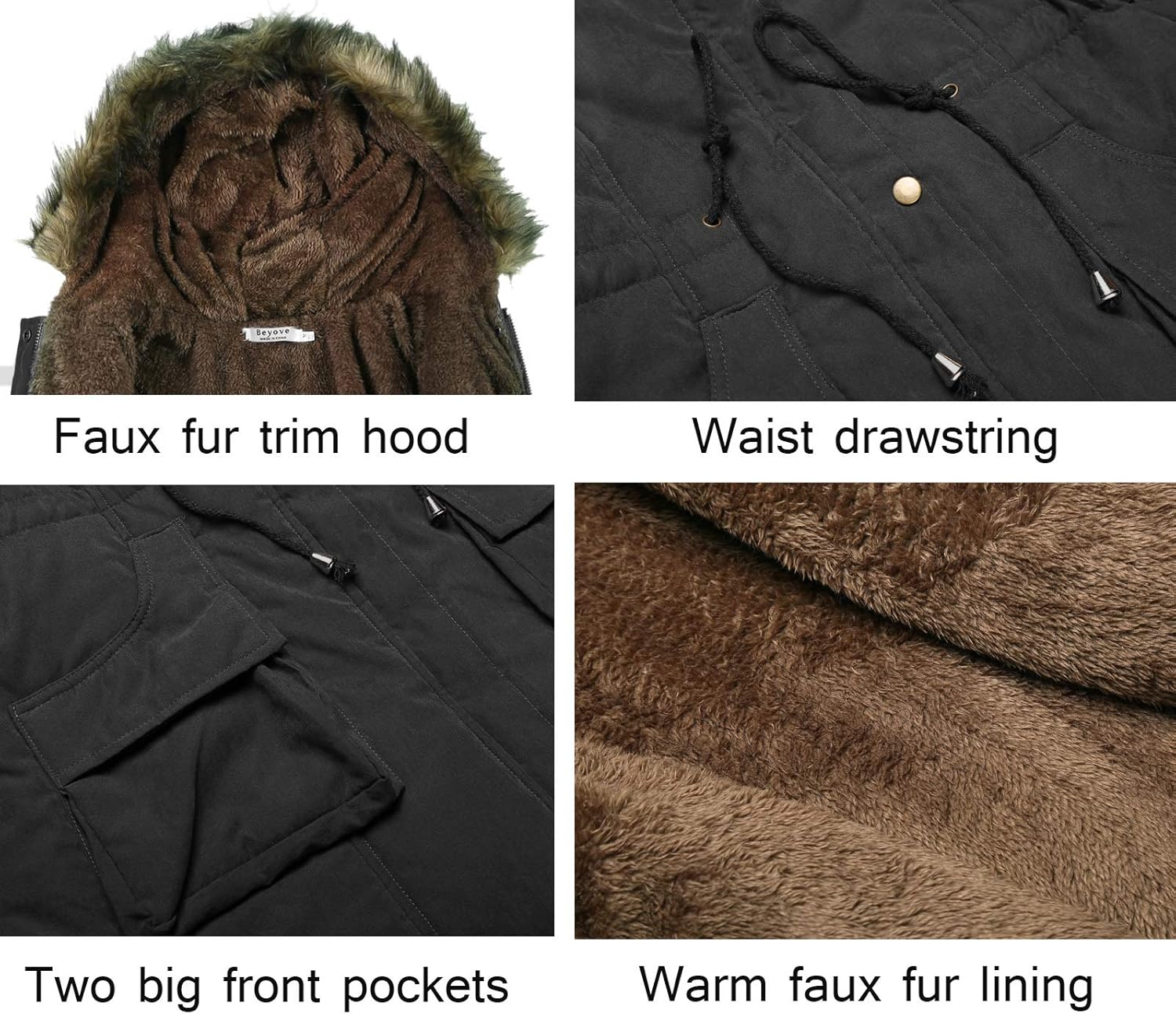 Beyove Womens Hooded Warm Winter Coats with Faux Fur Lined Outerwear Jacket: Clothing