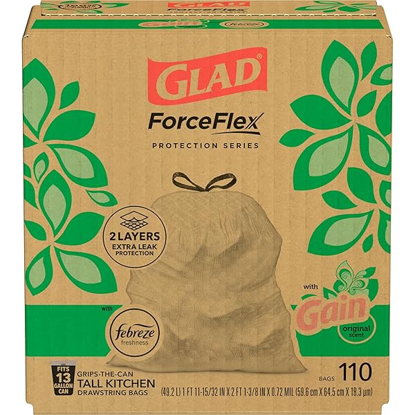 GLAD FORCEFLEX TALL KITCHEN DRAWSTRING TRASH BAGS, 13 GAL, GAIN ORIGINAL, 110 CT, PACK MAY VARY