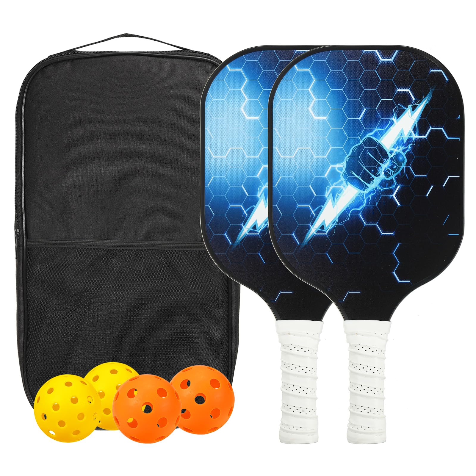 PATIKIL Pickleball Paddles Set, USAPA Approved Fiberglass Surface Pickleball Rackets with Overgrip, 2 Paddles, 4 Pickleballs,1 Carry Bag for Men Women, Blue Fist