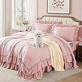Queen Comforter Set Soft Pink Ruffle 7 Pieces Farmhouse Bed in a Bag | Shabby Chic Fluffy All Season Bedding Sets with Sheets, Pillowcases &amp; Shams