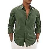 Alimens & Gentle Linen Shirts for Men Long Sleeve Casual Cotton Button Down Shirts Summer Beach Wedding Tops with Pocket