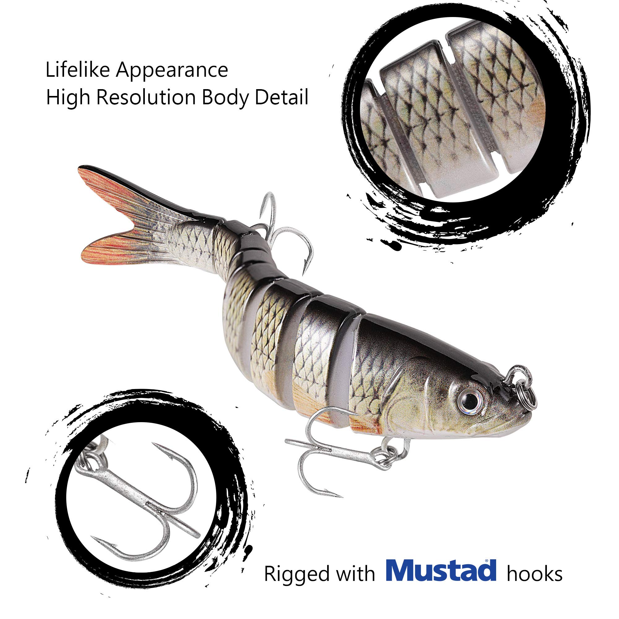 TRUSCEND Fishing Lures 3PCS Jointed Fish Bait Swimbait Lifelike Bionic Hard Bait Floating Lures Equipped with Mustad Hooks 3packs(8-combo-H)