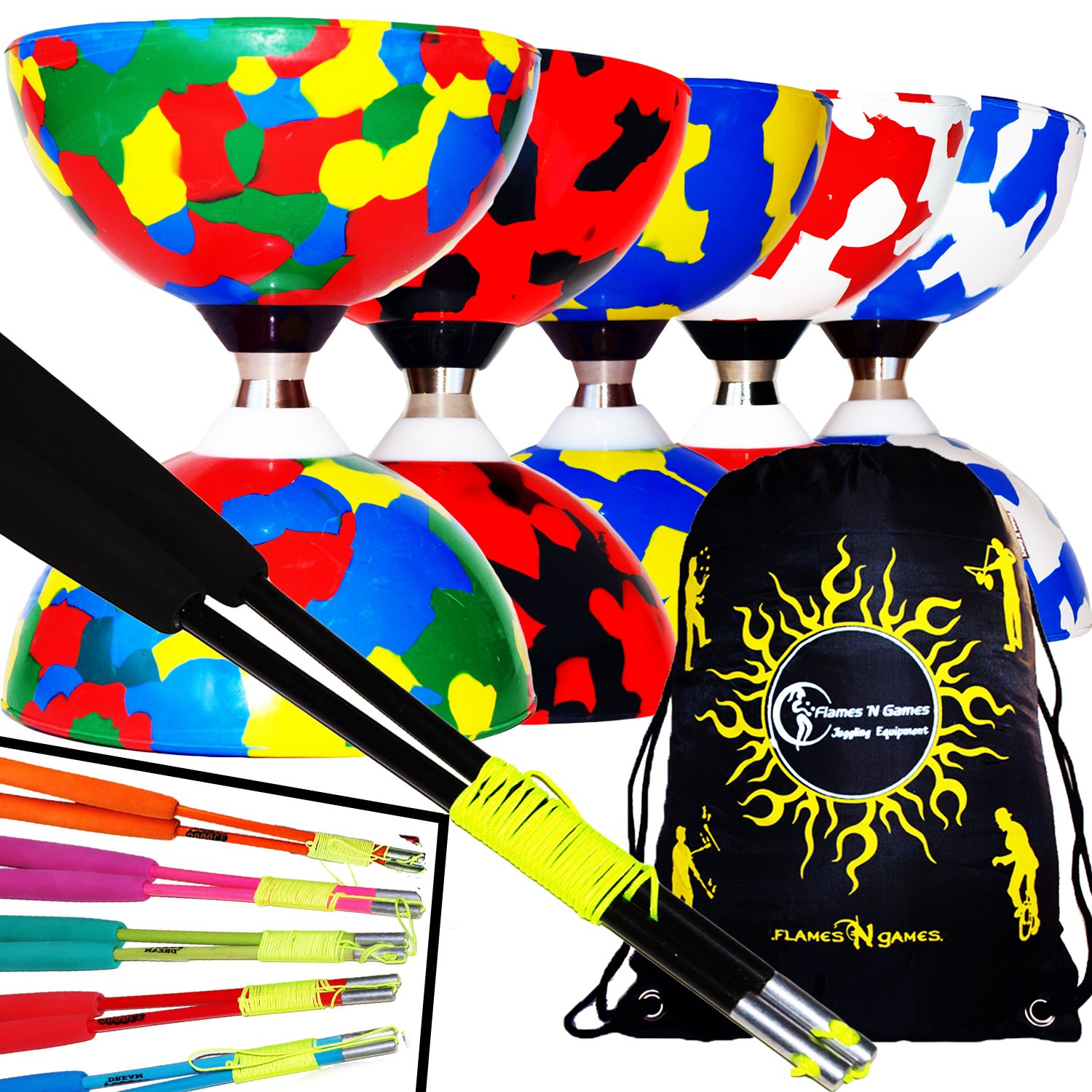 Juggle Dream JESTER Ball Bearing Diabolo Pro Set + Coloured FIBER Diabolo Sticks, Diabolo String + Diabolo Travel Bag. (MultiColour Diabolo + Green Handsticks)