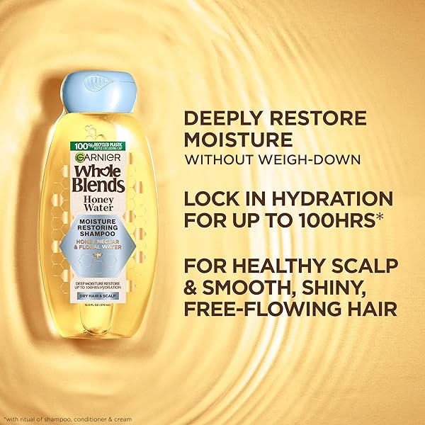 GARNIER WHOLE BLENDS HONEY WATER MOISTURE RESTORING SHAMPOO, HAIR CARE FOR DRY HAIR AND DRY SCALP WITH HONEY NECTAR AND FLORAL WATER, 28 FL OZ