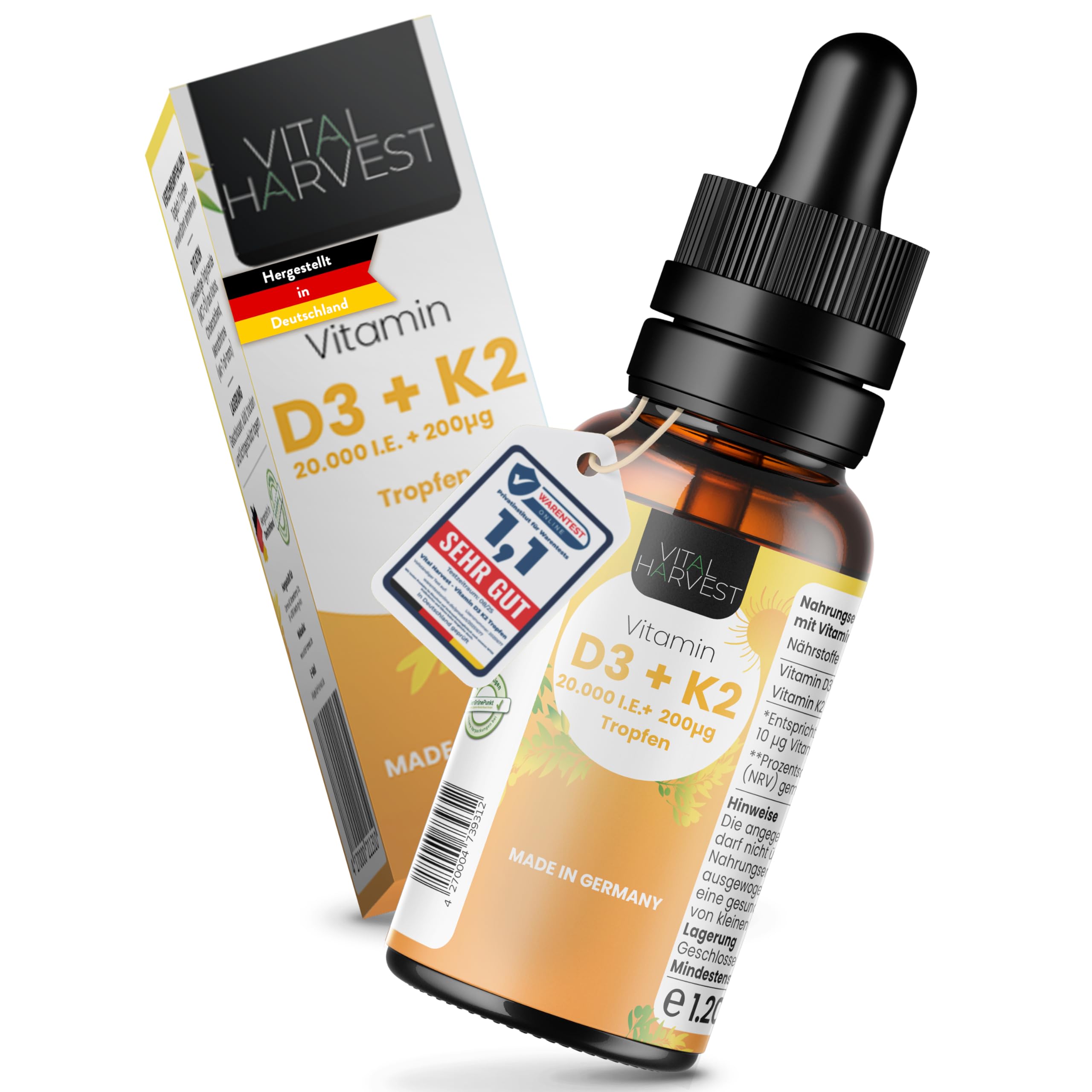 Vital Harvest® Premium Vitamin D3 K2 Tropfen 5.000 IE 30ml | Depot mit D3 & K2 MK-7 | Veganes Vitamin D3 + Vitamin K2 MK7, laborgeprüft in Deutschland hergestellt - ohne Zusatzstoffe (30ml)