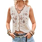 GORGLITTER Women's Embroidered Vest Crochet Vest Tops Floral Sleeveless Boho Tops 2025 Western Outfit Apricot Flowers Small