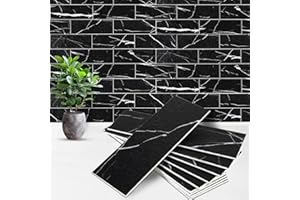 Artemuro 40PCS Peel and Stick Backsplash, 3" x 9" SPC Subway Tiles, Upgraded Structured Soft Glossy Black Marquina with White Grout Backsplash Stick on Tile for Kitchen, Bathroom, Fireplace, RV