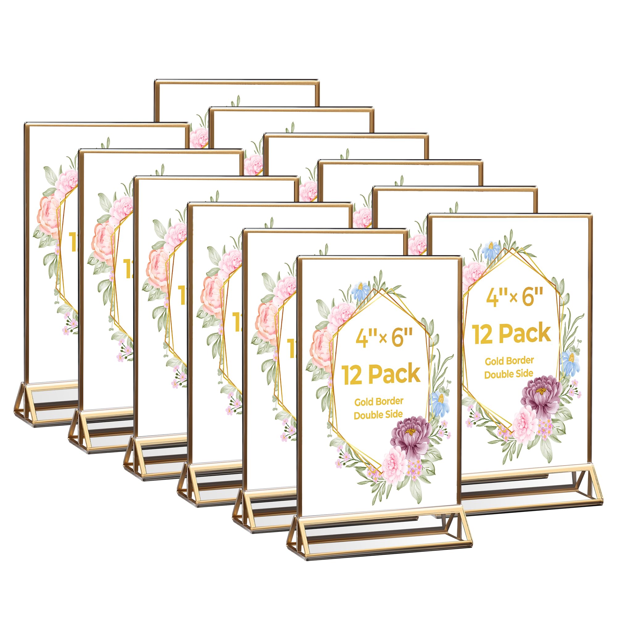 Photo 1 of 12 Pack Acrylic Sign Holder 4x6 Gold Frames, Wedding Table Number Holders Double Sided Vertical Clear Display Stand, Picture Holders for Tables, Menus, Flyers, Party and Office Decor