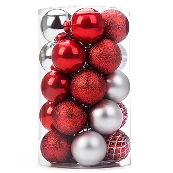 Ipegtop Christmas Balls Ornaments 30ct Shatterproof Classic Red Silver Shiny Glitter Matte Baubles Holiday Wedding Party Christmas Tree Decorations