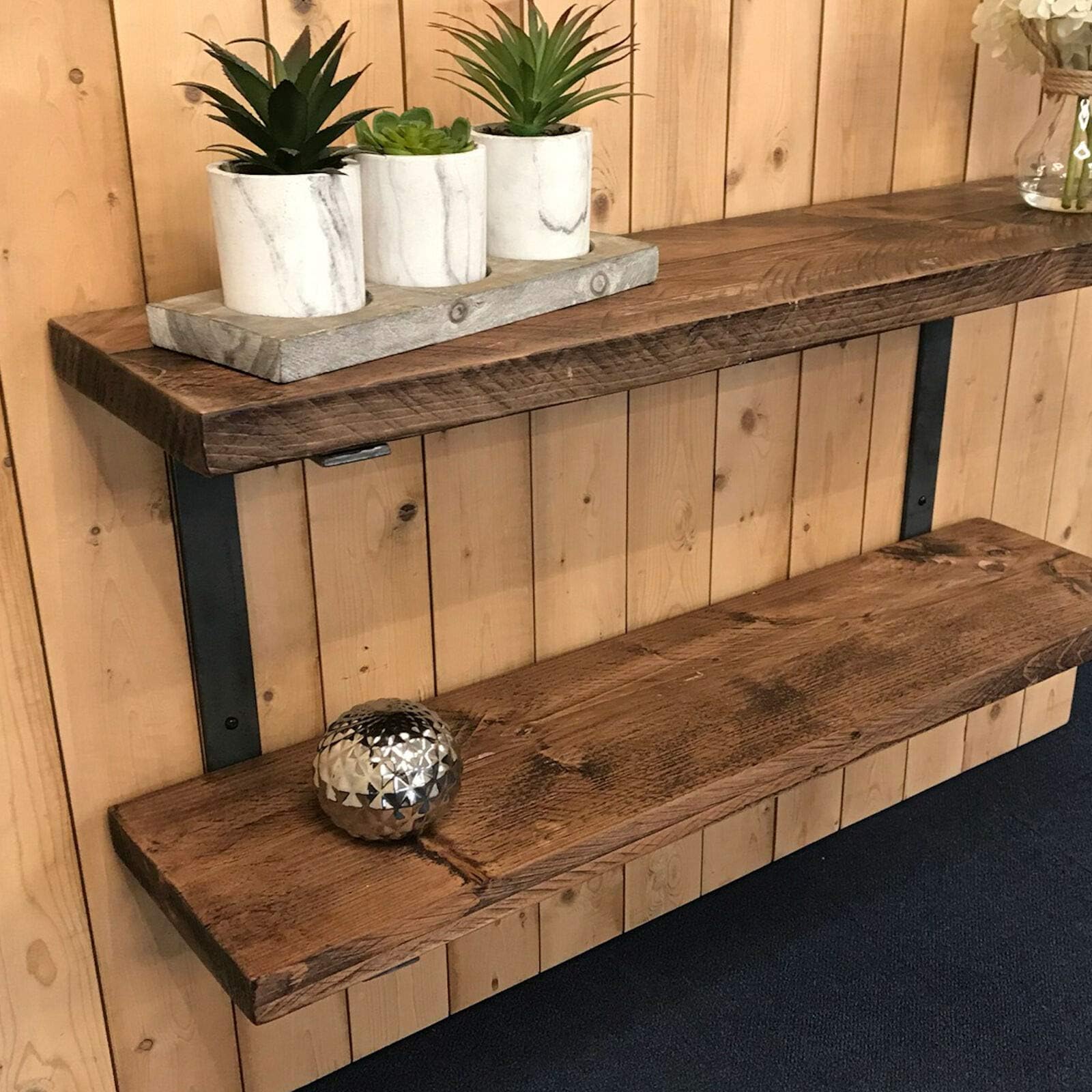 BMF DIRECT Industrial Rustic Scaffold Board Wall 2x Shelves Shabby Chic Shelving For Home & Storage Organisation - Fixings & 2 Double Metal Brackets Included (Rustic Pine, 50cm (0.5m) ~ 19.6")