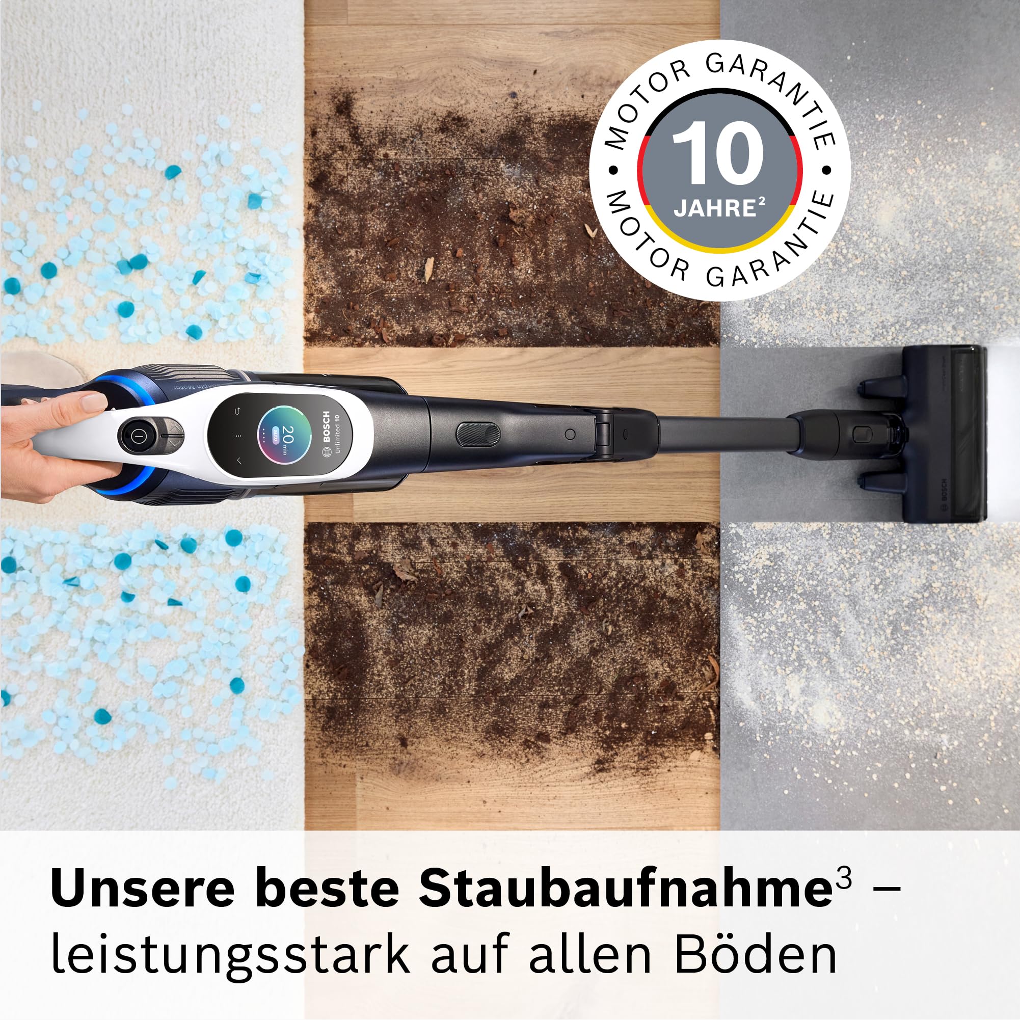 Bosch Akku-Staubsauger Unlimited 10 BTS1042WAC, kabellos, MicroClean Technology, TFT-Display, Staubkomprimierung, HEPA-Filtersystem, 10 J. Motorgarantie, 4 Ah Akku, LED-Licht, Schnellladegerät, weiß 4