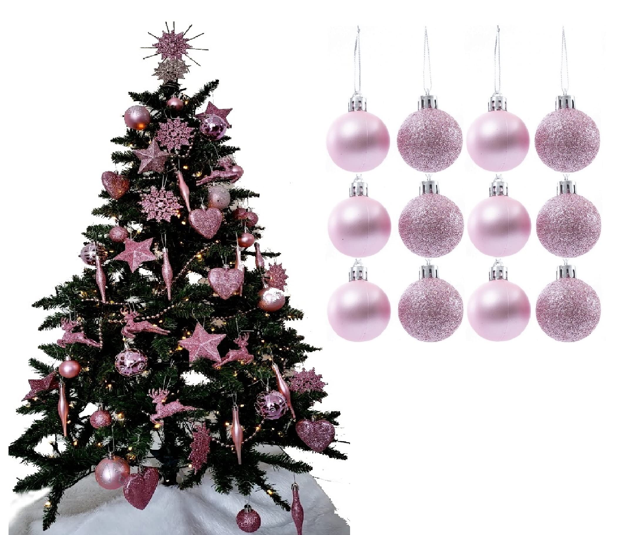 Simply Products Christmas Tree Decoration Baubles 3.8cm - Great Christmas Tree Hanging Ball Decorations, Matte & Glitter Baubles Pack of 12-3.8cm (Blush (Pink) Matte & Glitter)