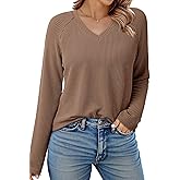 Dokotoo Spring Tops for Women 2026 Long Sleeve Ribbed Knit Teacher Shirts Fashion Clothing Women Blouses V Neck T Shirts