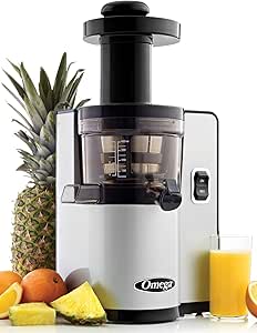 Omega VSJ843QS Juicer Vertical Slow Masticating Juice Extractor 43 RPM Compact Design with Automatic Pulp Ejection, 150-Watt, Silver