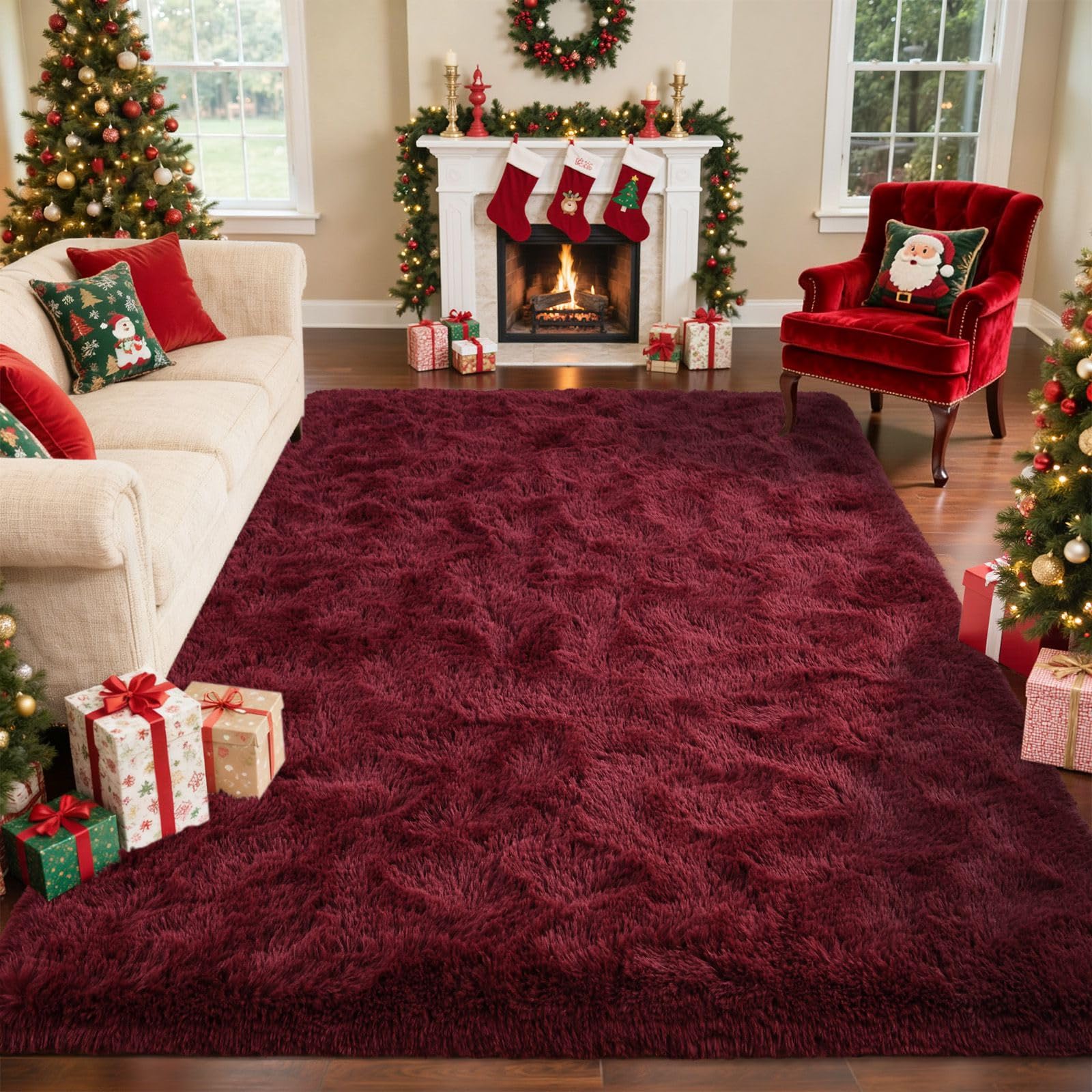 Photo 1 of 9x12 Ft Extra Large Shag Rugs for Living Room, Ultra Soft Fluffy Furry Area Rugs for Bedroom Indoor Floor, Aesthetic Carpet for Kids Home Decor (Burgundy)
