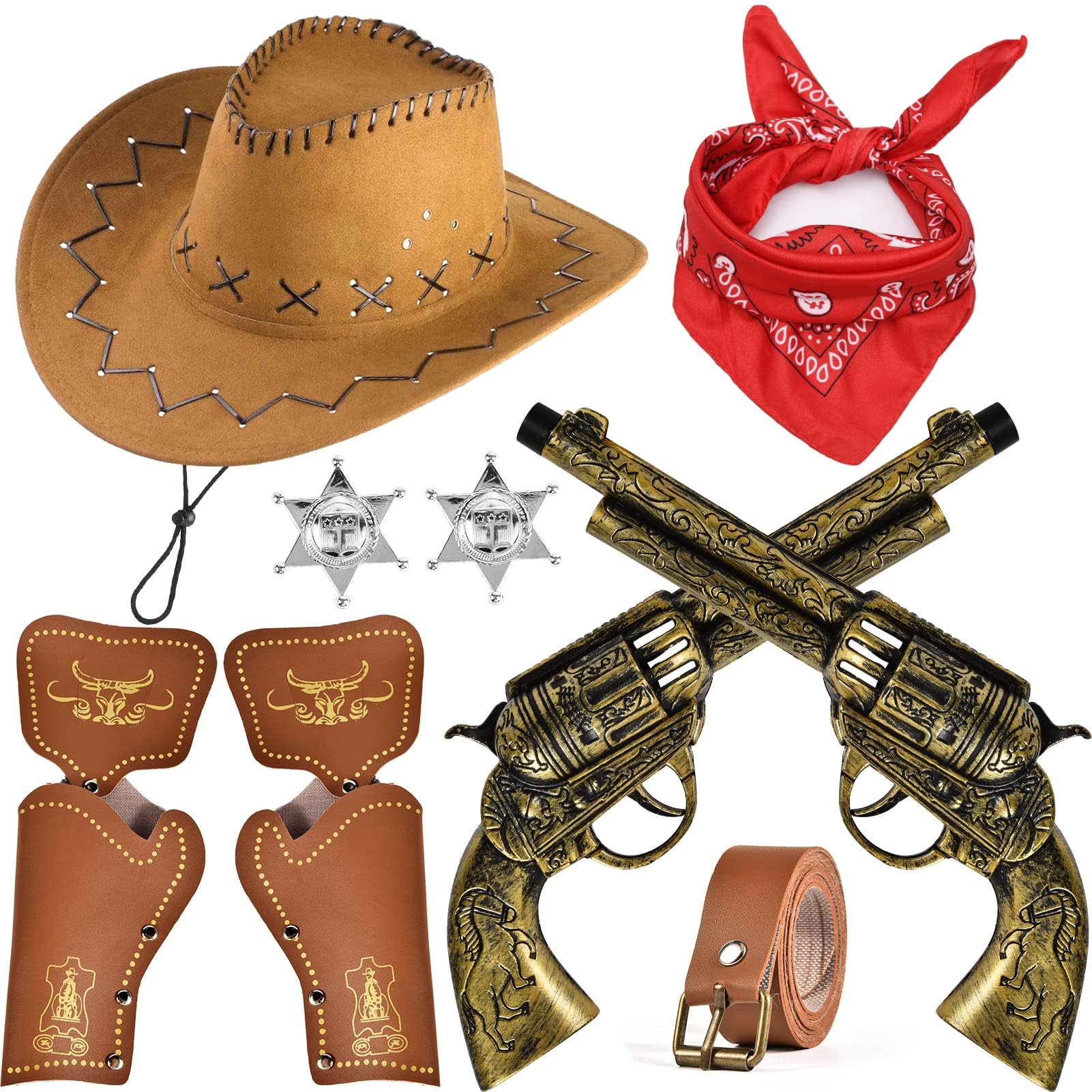 G.C 9 Pieces Cowboy Costume Accessories for Boys Girls Kids Hat Bandanna Metal Sheriff Badge Belt Holster Western Cowboy Outfit Kit for Halloween Party Dress Up Pretend Play