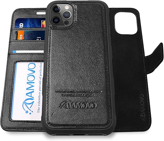 Amazon Com Amovo Compatible With Iphone 12 Pro Max Case Wallet Detachable 2 In 1 Genuine Leather Wristlet Magnetic Clasp Protective Phone Case Compatible With Iphone 12 Pro Max Authentic Leather Black