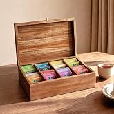 SARUFO Acacia Wood Tea Bag Organizers, Tea Packet Storage Boxes, 8-Compartment Tea Caddy for Tea Bags Chest, Teabag Holder Containers, Teabox Station Display
