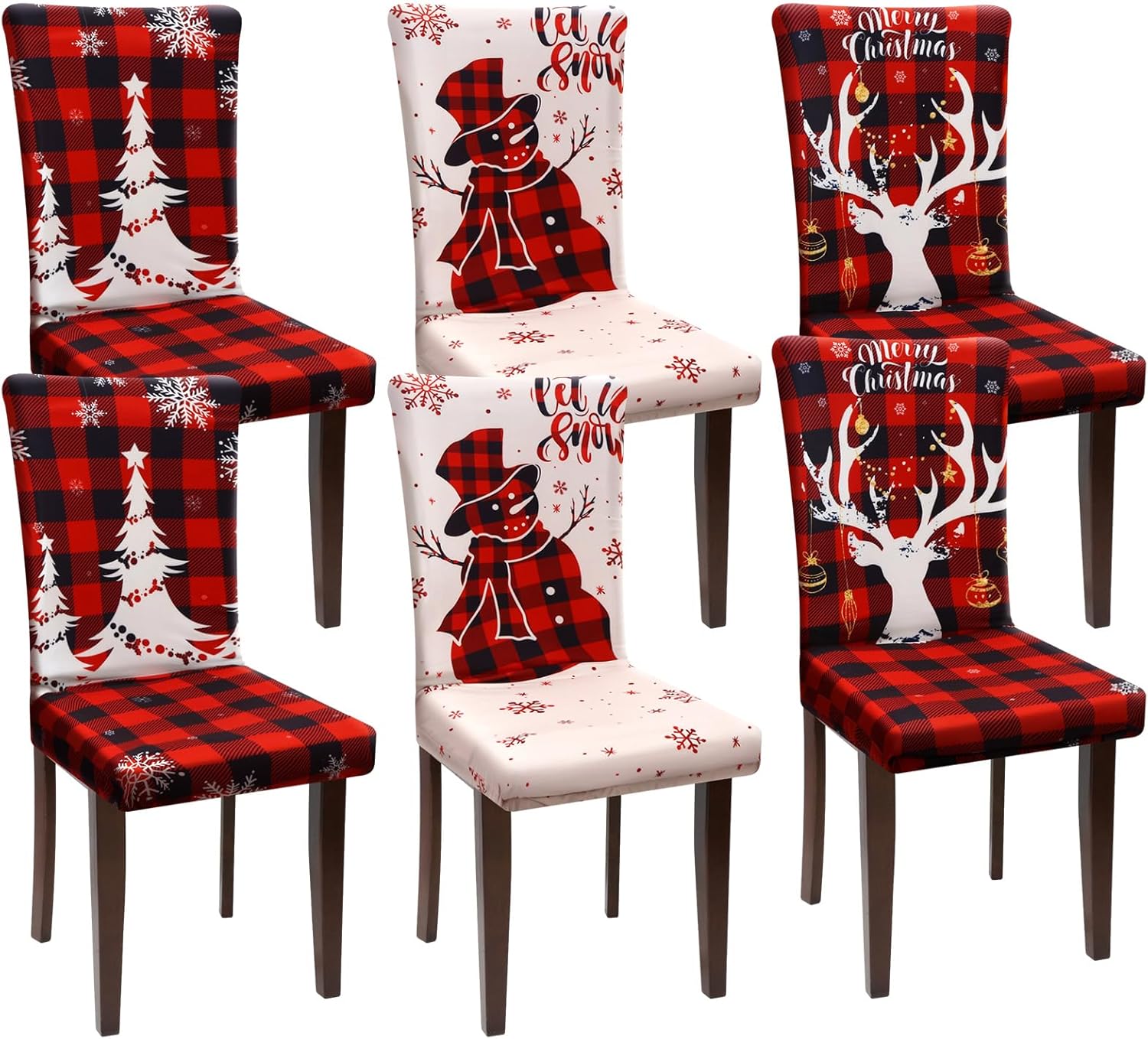 Slipcovers - Preboun 6 Pcs Christmas Chair Covers Christmas Dining Protector Removable Washable Stretch Xmas Tree Snowman Elk Buffalo Plaid Chair Slipcovers for Dining Hotel Party Wedding Holiday Party Decor