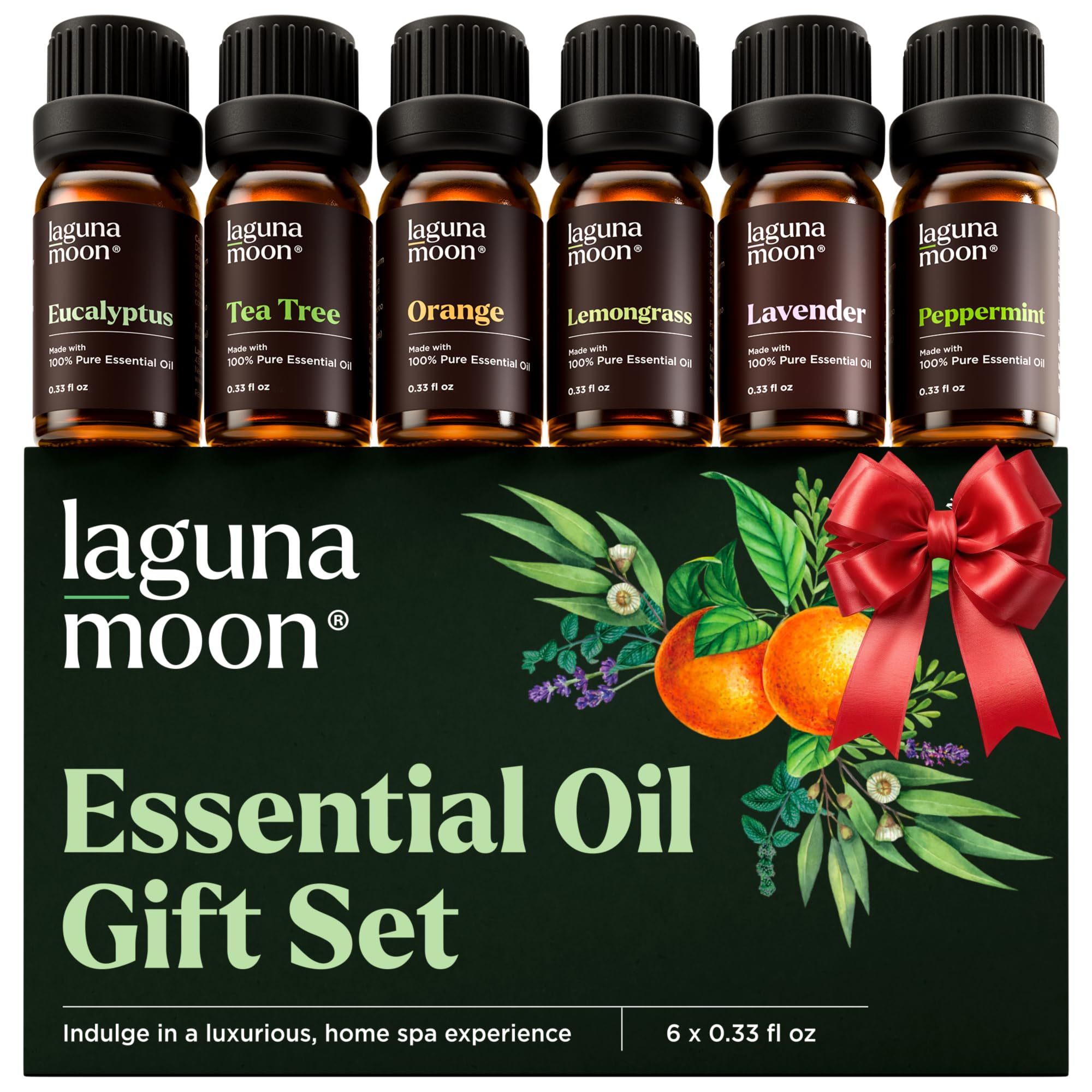 Lagunamoon Essential Oils Christmas Set - 6 Oils for Diffusers, Home Care, Candle Making Scents, Fragrance, Aromatherapy, Humidifiers, Gifts - Peppermint, Tea Tree, Lavender, Eucalyptus, Orange (10mL)