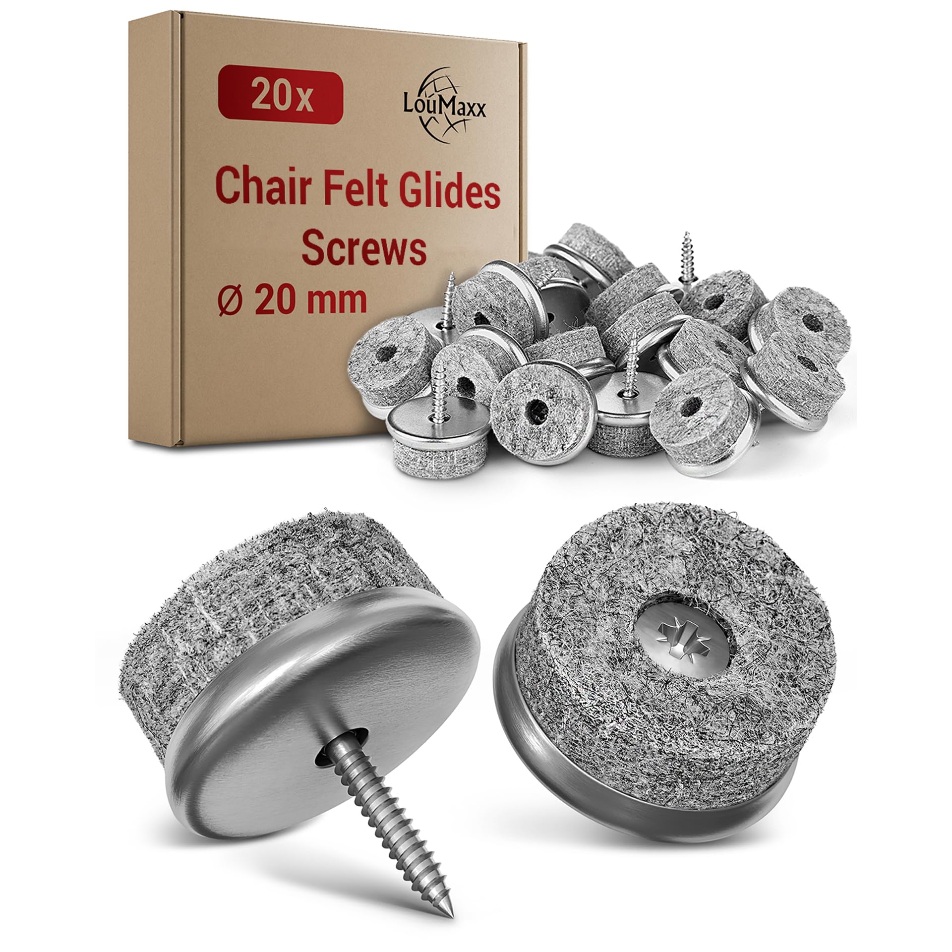 LouMaxx Pack of 20 Furniture Gliders with Screws - Round Diameter 20 mm Grey - Chair Gliders - Felt Gliders 6 mm Thick, Metal Supports Floor Protection
