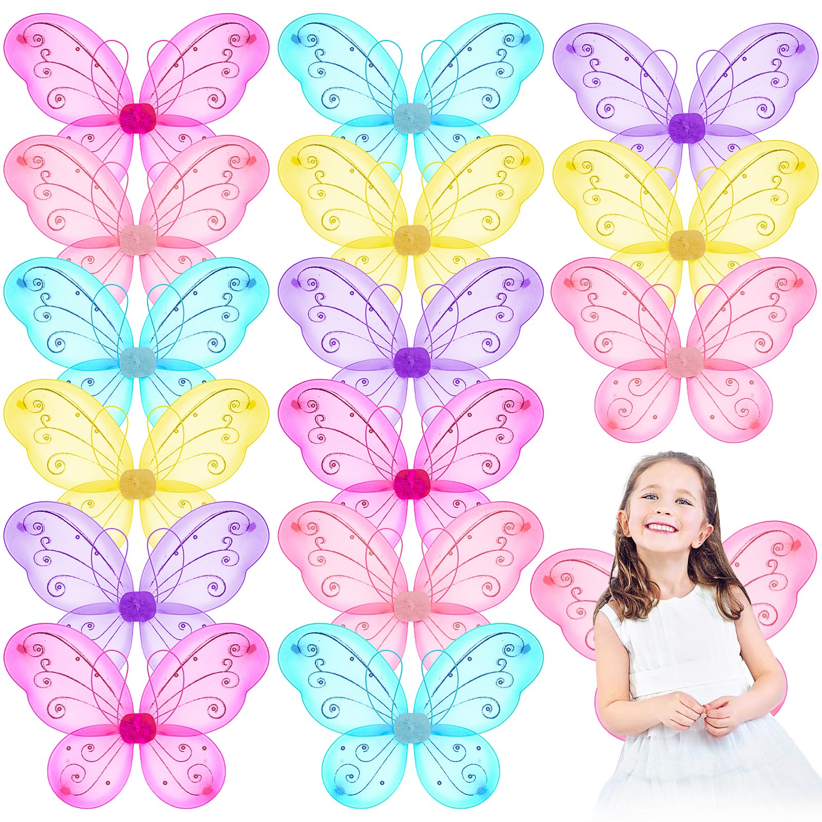 LYCN 15 Pieces Fairy Butterfly Wings Bulk with Diamonds, Fancy Dress Butterfly Colorful Girls Glitter Butterfly Wings for Costume Accessories Princess Party Favors Birthday (5 Colors)