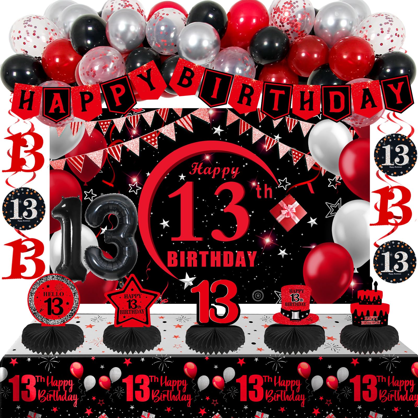 View 1 of 13th Birthday Decorations for Boys Girls Red Black, Official teenager decorations with Happy Birthday Banner Backdrop 13 Balloon Numbers Honeycomb Centerpieces 13 Years Old Party Supplies