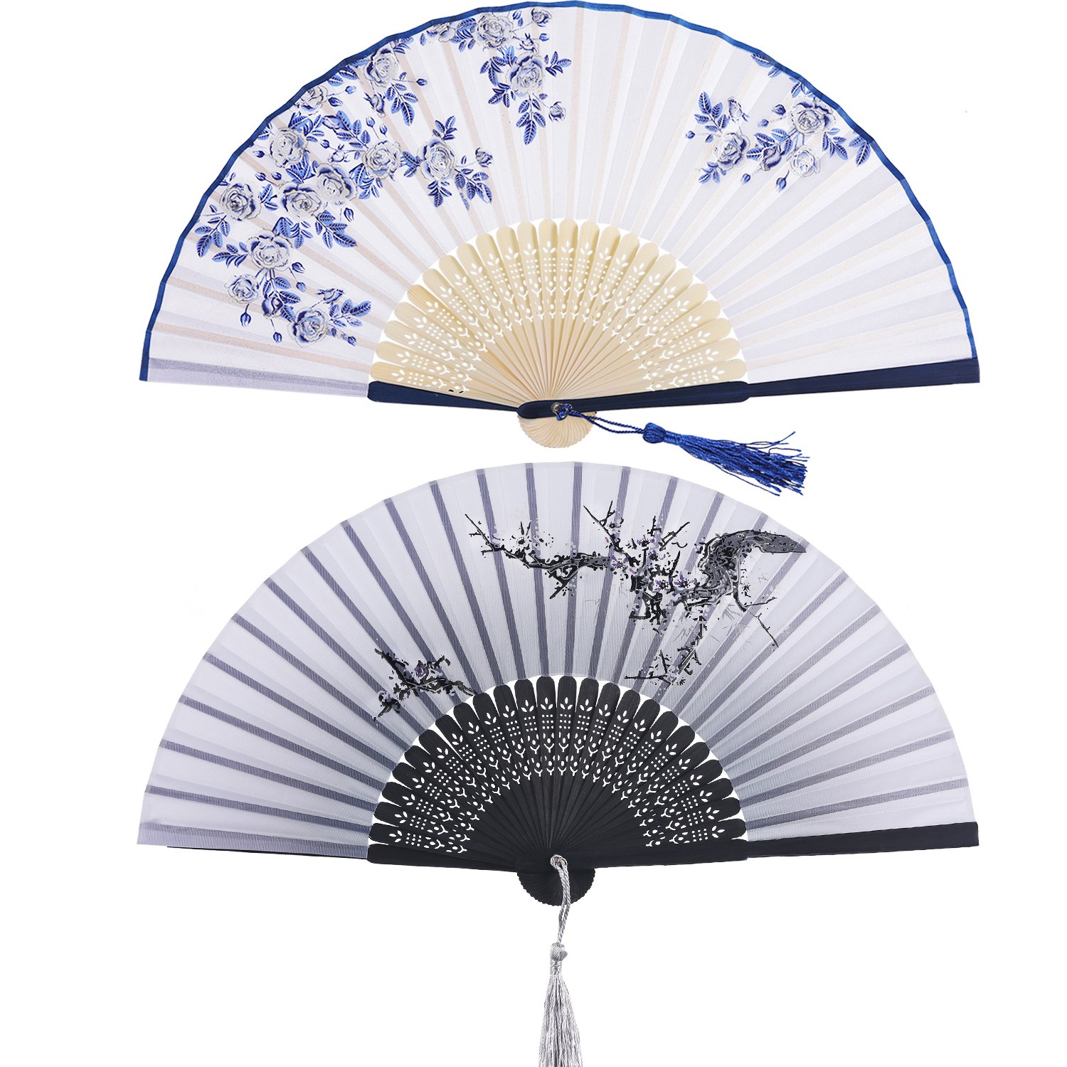 Hotop 2 Pieces Folding Fans Handheld Fans Bamboo Fans with Tassel Women's Hollowed Bamboo Hand Holding Fans for Wall Decoration, Gifts (Blue Rose and Black Cherry Pattern)