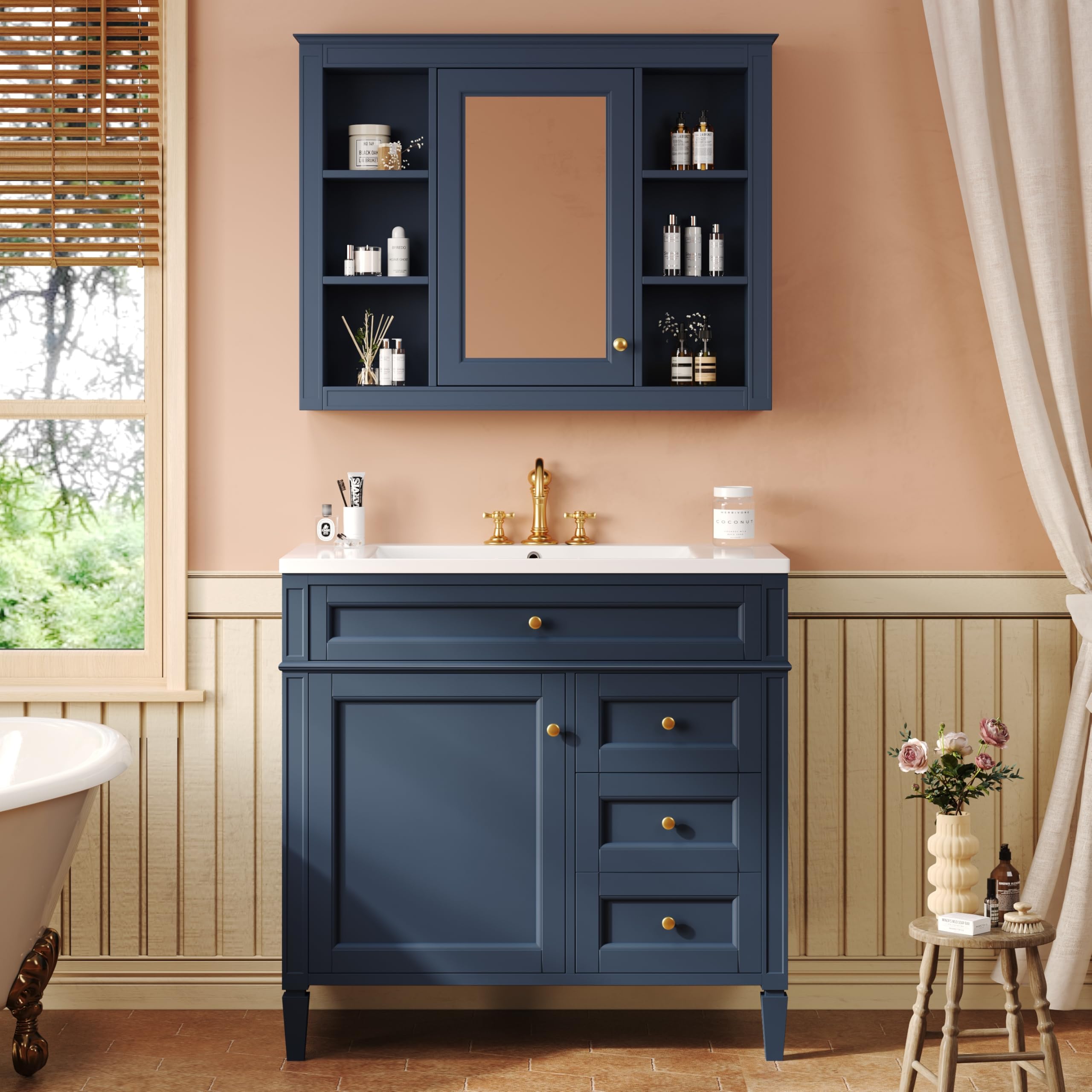 Photo 1 of 36'' Bathroom Vanity & Medicine Storage Mirror Cabinet Set with Top Single Resin Sink Countertop, Solid Wood Frame, Modern Toilet Organizers, Shelves, Tip-Out Drawer, Soft Closing Doors, Wall Mount