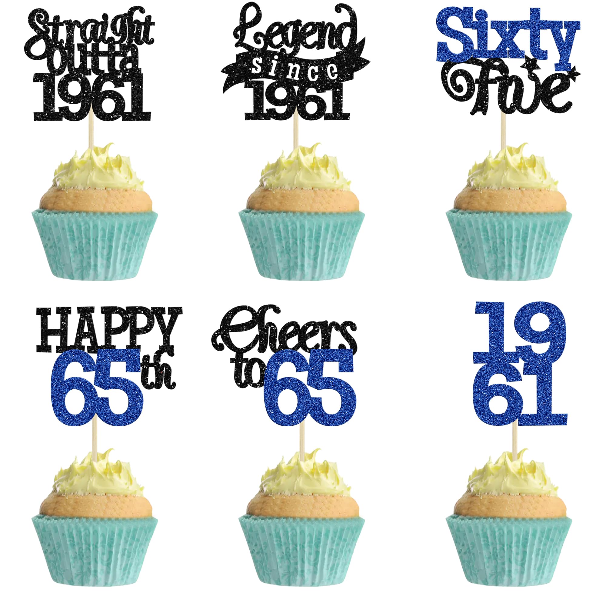 Gyufise 24Pcs Happy 65th Birthday Cupcake Toppers Hello Sixty Five Legend Since 1961 Cupcake Picks Cheers to 65 Years Cake Decorations for 65th Birthday Anniversary Party Supplies Black Blue