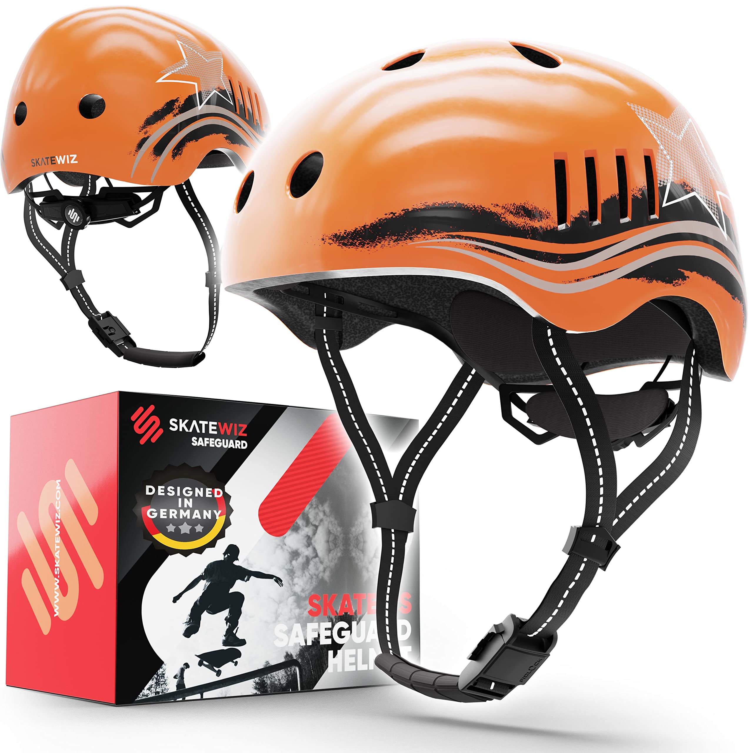 SKATEWIZ Kids Helmet - BMX, Scooter, Skateboard & Bike Helmet - Ages 8-12, Size S in Orange-Black