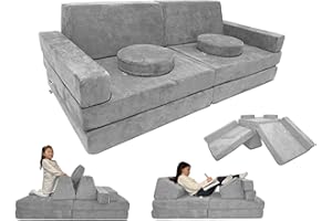 Mod Blox 10 Piece Soft Modular Kids Play Couch for Boys and Girls｜Child Sectional Fort Building Sofa for Toddlers Playroom with Microsuede Covers + High Density Convertible Foam Cushions (Light Gray)