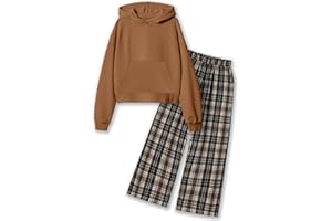 kadoubiyoo Cute Clothes for Girls Solid Long Sleeve Hoodie Sweatshirt Plaid Wide Leg Pants with Pockets Winter Girls Outfits