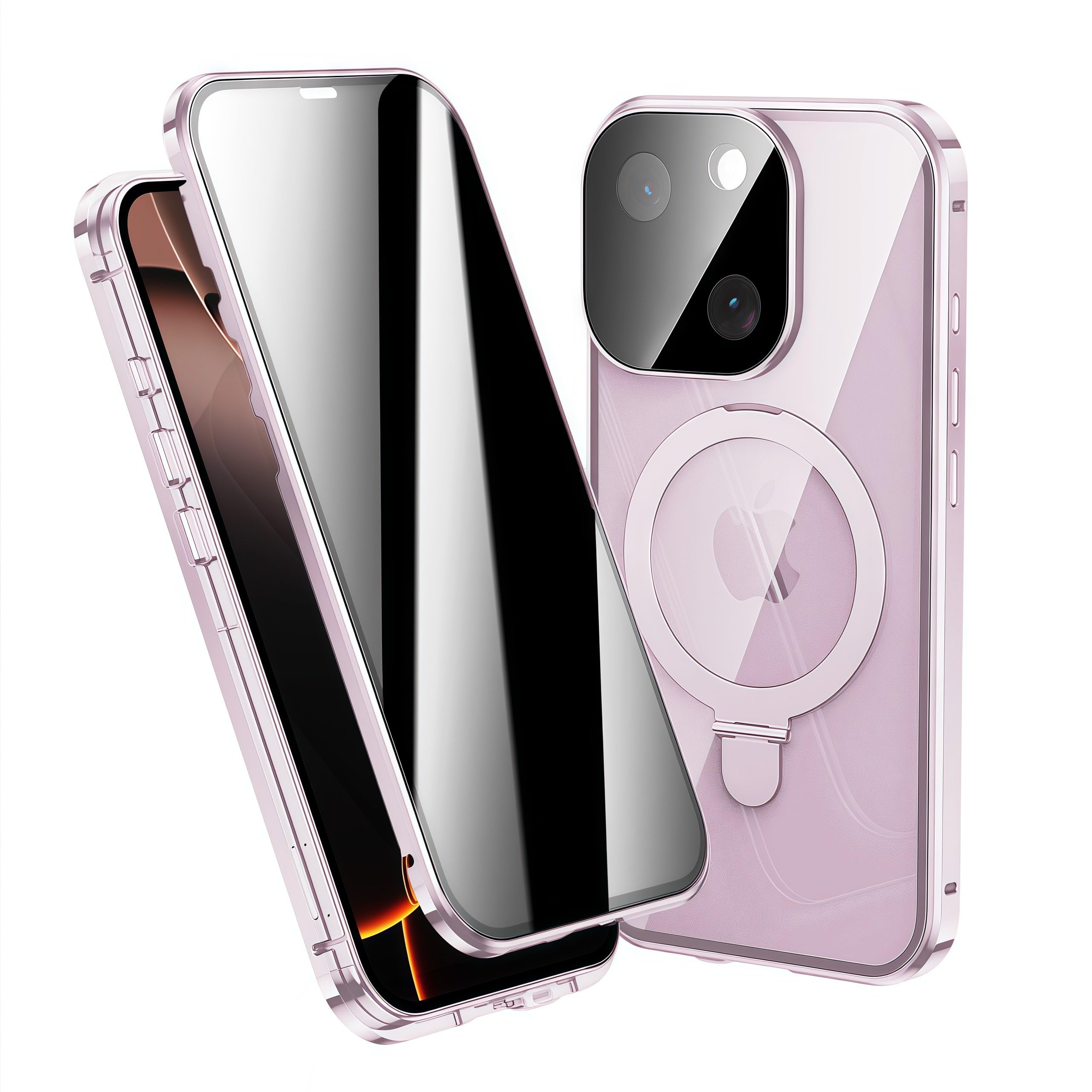 Photo 1 of JIAONASHIJIA Fit for MagSafe iPhone 15 Case, Built-in Screen Protector and Lens Protector, Magnetic Ring Stand, Mil-Grade Shockproof Metal Frame. Anti-Yellow, Kickstand, Privacy/Pink.
