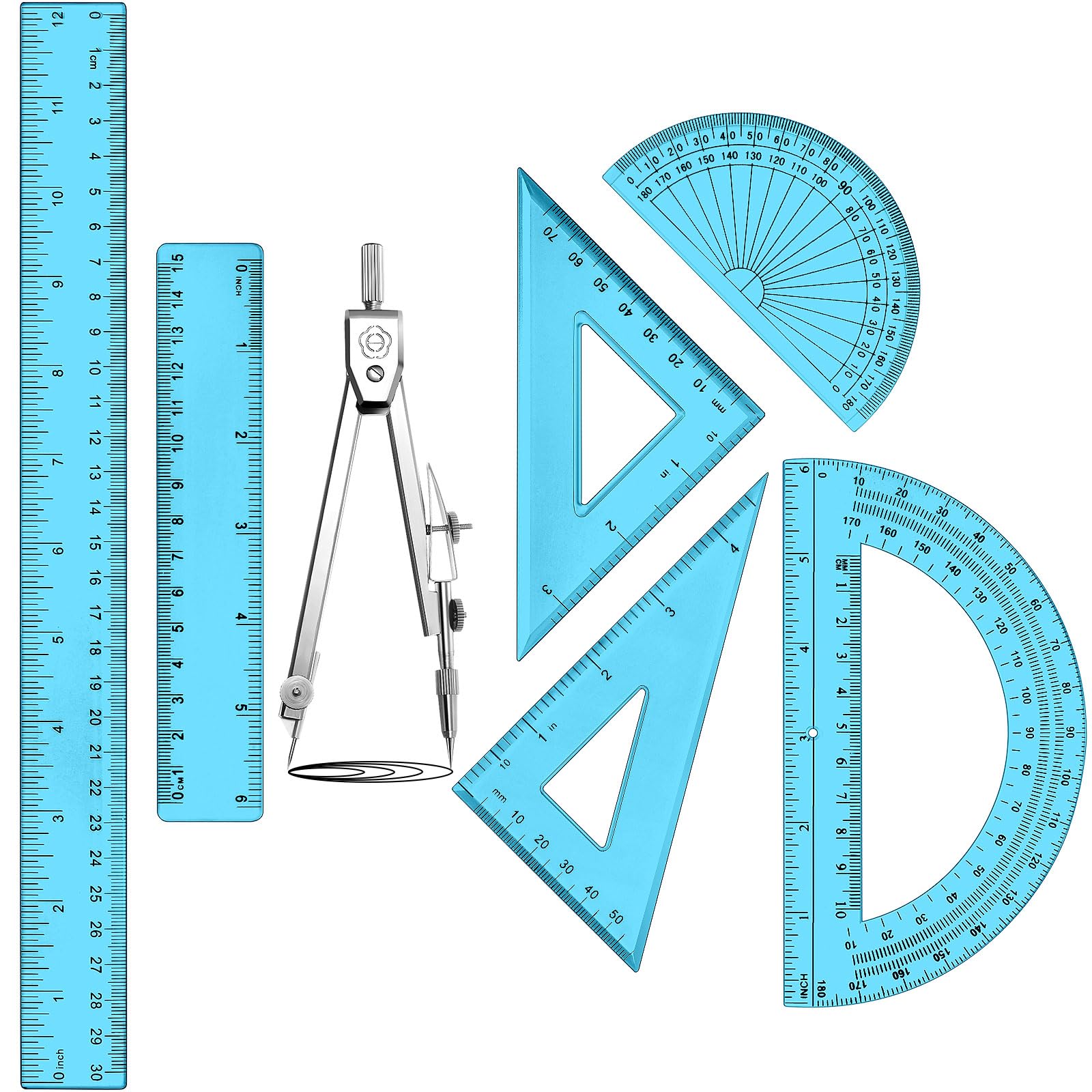 Photo 1 of Zonon 1 Set Plastic Geometry Math Set Includes Drawing Compass, 6 Inch 4 Inch Protractor, 45/60 Degree Triangle Rulers 12 Inch 6 Inch Math Ruler Transparent for Office Supplies(Blue)