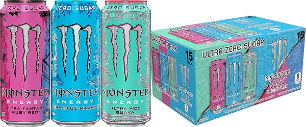 MONSTER ENERGY ULTRA VARIETY PACK, BLUE HAWAIIAN, ULTRA VICE GUAVA, ULTRA FANTASY RUBY RED, SUGAR FREE ENERGY DRINK, 16 OUNCE (PACK OF 15)