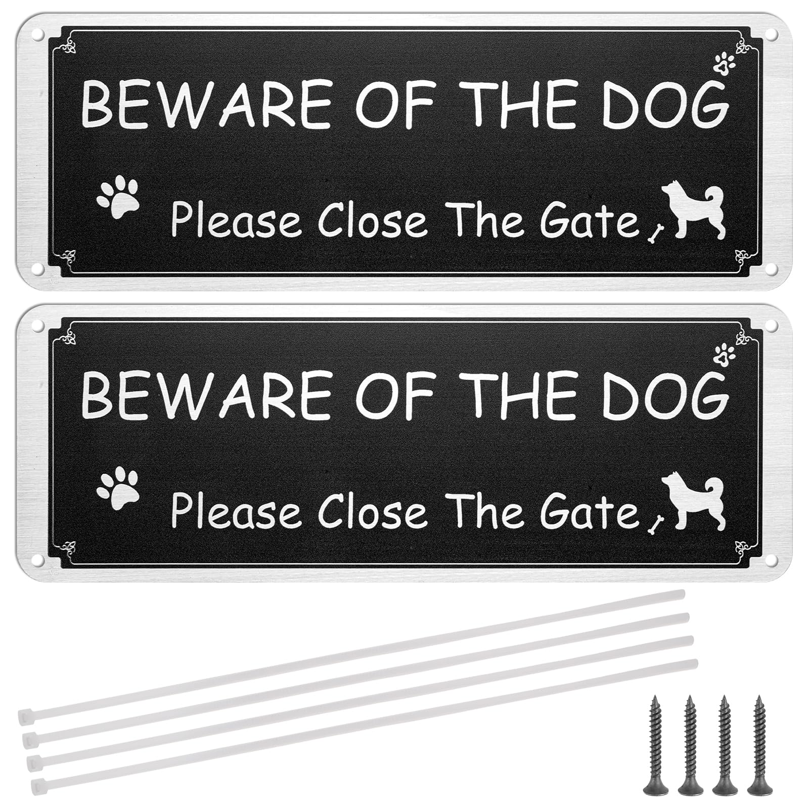 Beware of The Dog - 2 Pack Pre-Drilled Aluminium Metal Dog Warning Sign, Rustproof, UV Protected - with Zip Ties & Screws for Outdoor Gate Wall - 3.5'' × 9.8''
